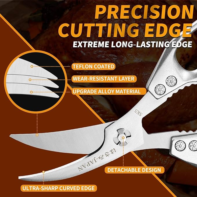 Huusk Seafood Scissors Silver - Stainless Steel Kitchen Shears Dishwasher Safe, Sharp Japanese-Style Kitchen Scissor for Crab, Shrimp, Lobster, Herbs and Food Prep, Christmas Gifts for Men Women