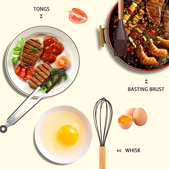 MIBOTE Silicone Cooking Kitchen Utensils Set with Holder, Wooden Handles BPA Free Non Toxic Silicone Turner Tongs Spatula Spoon Kitchen Gadgets Utensil Set for Nonstick Cookware (Coffee)