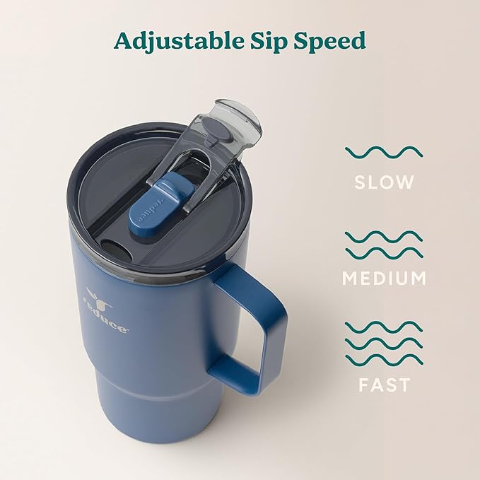 REDUCE 24 oz Hot1 Vacuum Insulated Mug for Hot Tea, Coffee and Other Hot Drinks - With Flo-Motion Lid and Handle, Single-Serve and Cupholder Friendly, Keeps Drinks Hot for up to 8 Hrs, Mineral Blue