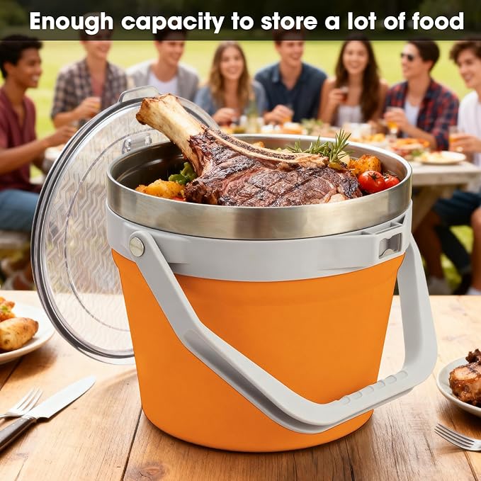 COKTIK 7L Vacuum Insulated Ice Bucket with Lid and Scoop& Tongs，Large capacity Stainless Steel Beverage Bucket for Cocktail, Champagne, Wine, Beer，Large Parties（Orange Suit）