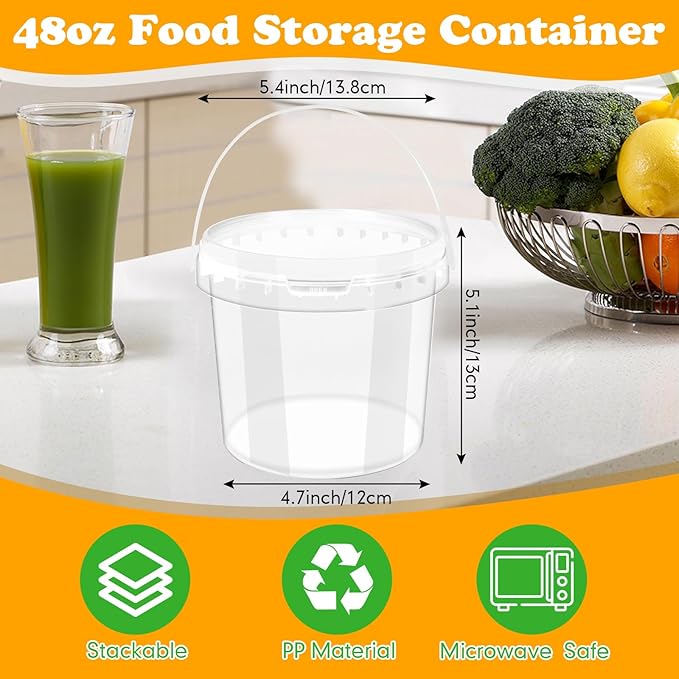 Funnymoom 20 Pack 48 oz Clear Buckets with Lid Plastic Ice Cream Buckets with Lid and Handle Ice Cream Tub Food Storage Containers Round Plastic Pails Freezer and Microwave Safe for Food