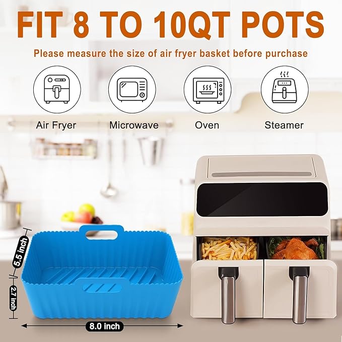 Silicone Air Fryer Liners Rectangle 2 Pack 8.0 Inch Airfryer Liners 8-10 QT Dual Air Fryer Liners Reusable Pot Oven Liner Baking Tray, Air Fryer Basket Silicone Mat Bowl Air Fryer Accessories Kitchen