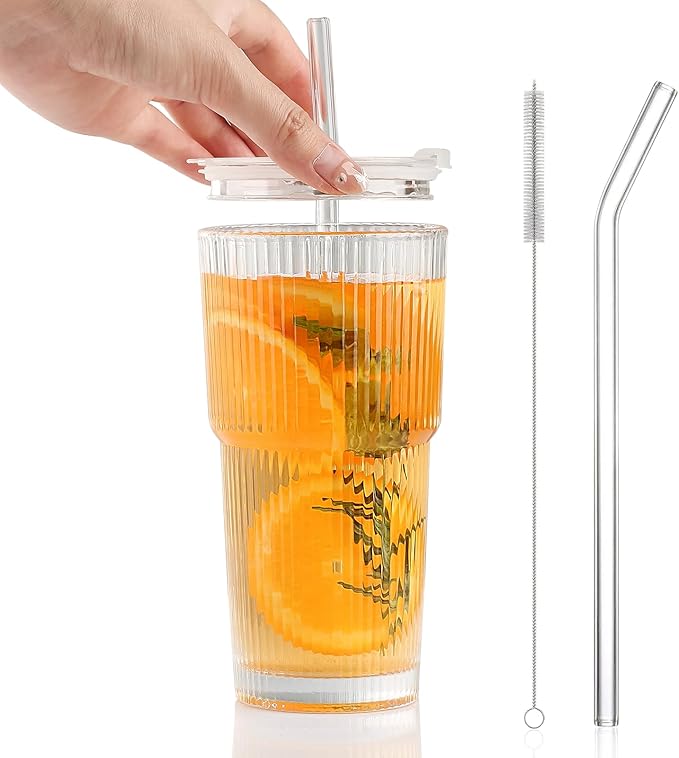 Glass Cups with Lids and Straws – 20oz Glass Tumbler with Straw and Lid, Reusable Iced Coffee Cup, Smoothie & Tea Glass, Ideal for Home, Office, Travel, 1 Pack
