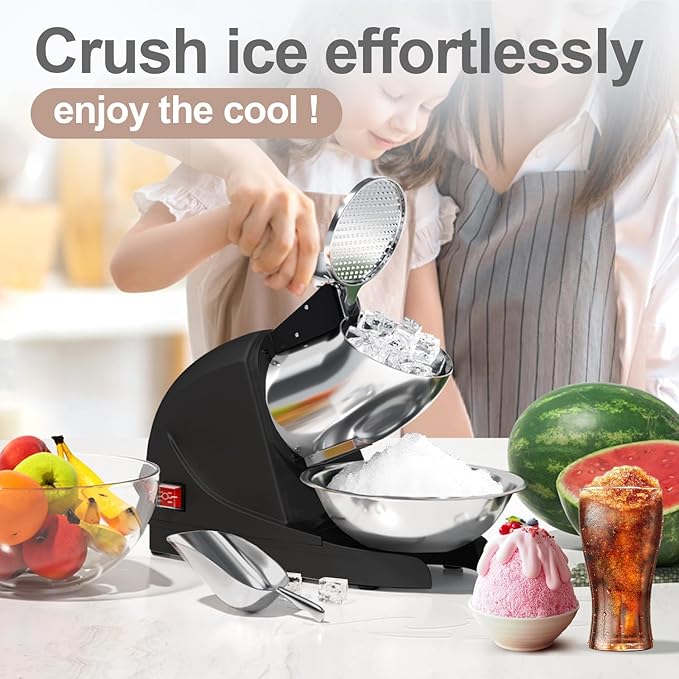 Shaved Ice Machine 380w Snow Cone Machine 3 Stainless Steel Blades Ice Shaver Machine Electric Ice Crusher 280lbs/hr Snow Cone Maker for Home and Commercial with Ice Pick(Black)