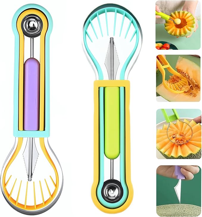 2 PCS Melon Baller Scoop Set, 4 in 1 Stainless Steel Stainless Steel Fruit Tool Set, Fruit Carving Tools for Dig Pulp Separator, Watermelon Cutter Slicer Fruit Scooper (Green + Purple)