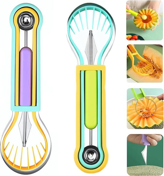 2 PCS Melon Baller Scoop Set, 4 in 1 Stainless Steel Stainless Steel Fruit Tool Set, Fruit Carving Tools for Dig Pulp Separator, Watermelon Cutter Slicer Fruit Scooper (Green + Purple)