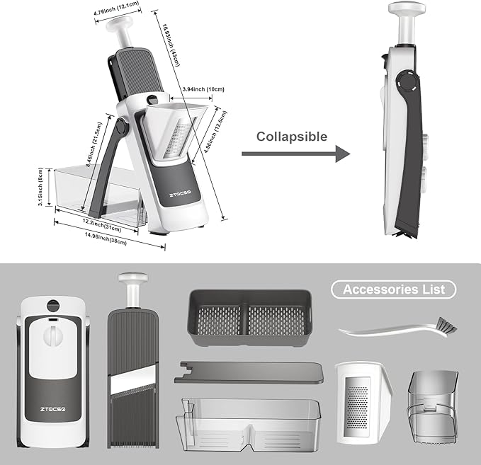 [7 in 1 ] Vegetable Slicer for Kitchen, Safe Mandoline Slicer, Adjustable Veggie Potato French Fry Cutter, Wider Tray & Stainless Steel Grater & Filter Basket & Lid & Cleaning Brush (Gray Pro)