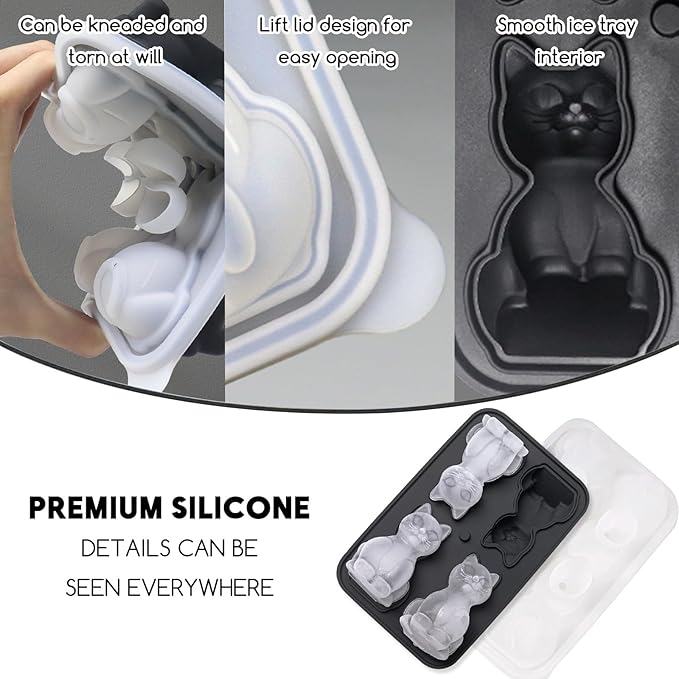 4 Cavities 3D Cat Ice Cube Molds, Black Silicone Ice Cube Tray with Lid, Cute Cat Shape Ice Mold, Large Ice Cube Tray, Food Grade Reusable Ice Trays for Whiskey, Cocktails, Homemade Cold Drinks