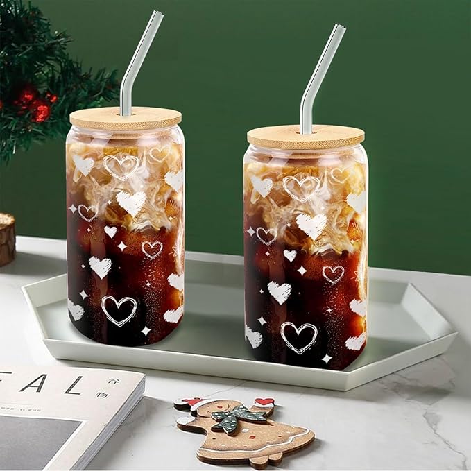 Glass Cups with Lids and Straws, 2 Pack 16 oz Borosilicate Iced Coffee Tumblers, Bamboo Lids, Glass Straws, Matching Heart Drinkware for Couples and Best Friends, Valentines Day, Galentines Day