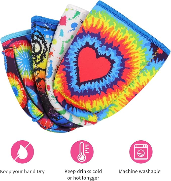 4Pack Reusable Iced Coffee Sleeve Insulator Sleeves for Cold Drinks Beverages, Neoprene Cup Holder for Most Coffee, Fits 22-24oz Medium Cups (Tie dye with Handle)