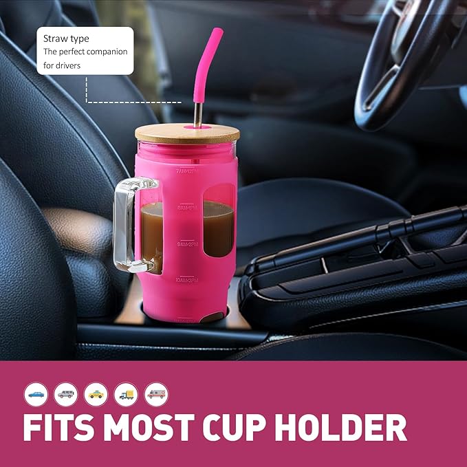 WINSA Glass Tumbler with Straw & Lid, 32 oz Glass Cup with Handle, Water Bottle with Time Marker - Pearl Straw & Silicone Protective Sleeve - Rose Red
