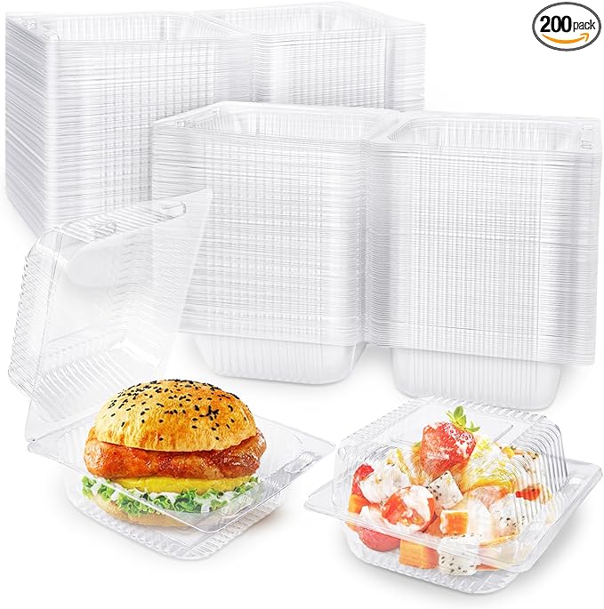 Qyyiguf 200 PCS Clear Plastic Square Hinged Containers,Disposable To Go Containers with Lids,Clamshell Food Containers for Sandwiches,Dessert,Cakes,Cookies,Salads,Pasta(5.3x4.7x2.8 In)