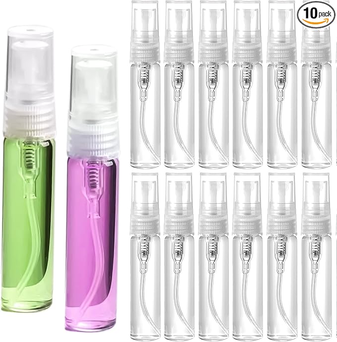 Refillable 5ml Mini Glass Spray Bottle, 10 Pcs Travel Size Perfume Atomizer for Refilling & Sampling, Empty Small Essential Oil Sprayer Containers, Leak Proof Mist Bottles for Travel