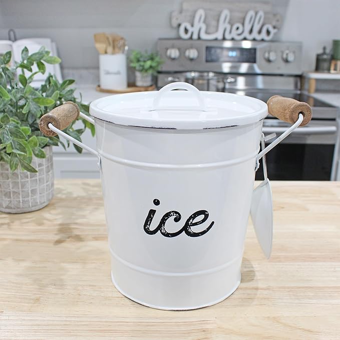 AuldHome Design Rustic Enamelware Ice Bucket; White Farmhouse Style Insulated Ice Server