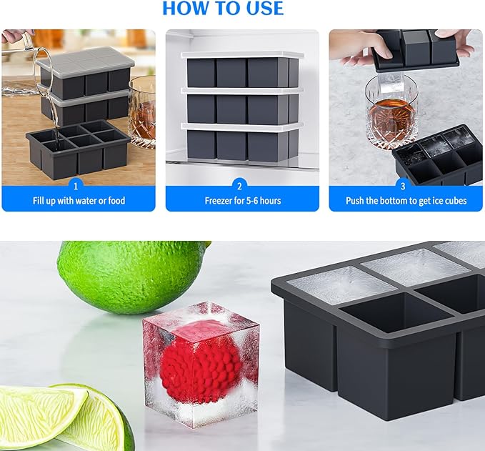 Large Ice Cube Tray for Whiskey, HANCELANT Big Silicone Square Ice Cube Mold with Removable Lid, 2'' Huge Square Ice Cubed Tray for Whisky and Cocktail, Black