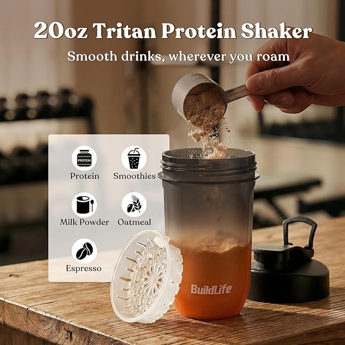 BuildLife Protein Shaker Bottle, 20oz Tritan Shaker Cup with Silent Mixing Grid – Lump Free Shakes 600ML for Pre Workout Protein & Smoothies, BPA-Free Leakproof Dishwasher Safe (BlackOrange)