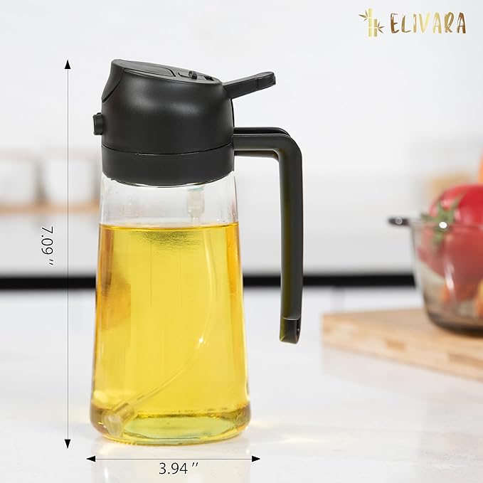 2-in-1 Oil Sprayer and Dispenser, 16oz / 470mL Glass Olive Oil Bottle for Cooking, Grilling, and Salad Dressing – BPA-Free, Easy-Pour, Anti-Clog Nozzle, Dishwasher Safe (Black)