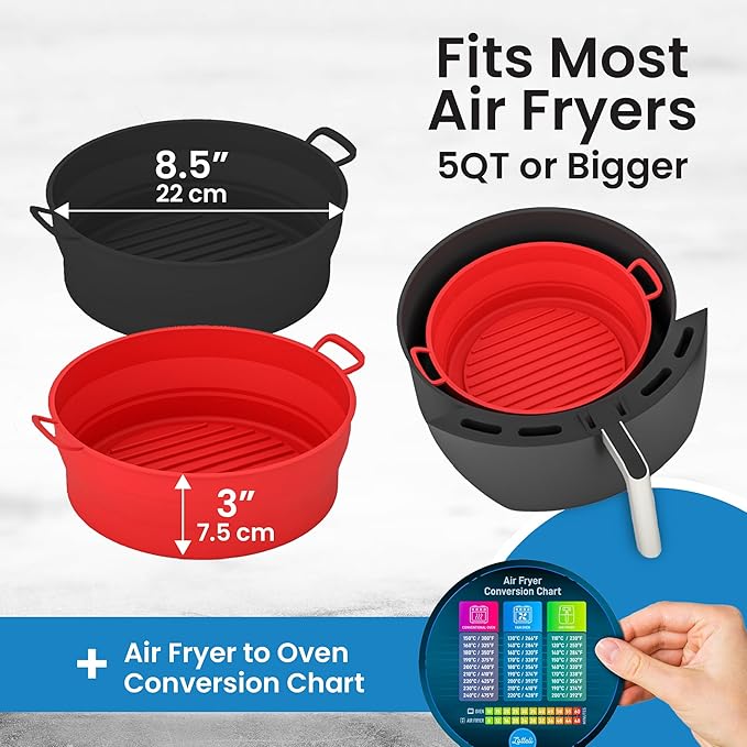 Collapsible Silicone Air Fryer Basket Liners Pot - AirFryer Liners Reusable Bowls for 5 Quart or Bigger As Seen on the Today Show - Air Fryer Accessories 2 Pack - Round Silicone Liners (Red & Black)