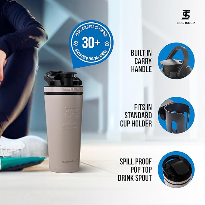 Ice Shaker Insulated Stainless Steel Shaker Bottle | 26oz, Java | Cold for 30+ Hours | Insulated Cup with Twist-on Agitator | Odor-Free Bottle for Protein Shakes, Water, Smoothies, Cocktails