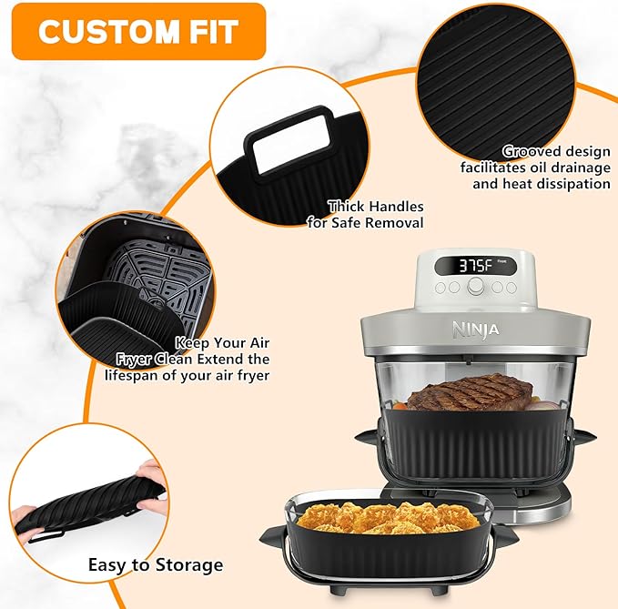 Dreamtop 2 Pack Silicone Air Fryer Liners for Ninja Crispi Pro AS101CY - Reusable Non-Stick Square Silicone Mats for 6 QT & 2.5 QT Glass Container, Air Fryer Baskets Liners, Dishwasher Safe