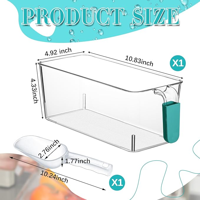 Havawish 1 Set Ice Bin and Flexible Scoop Set Plastic Freezer Ice Bin with Pull out Handle Storage Bucket Clear for Container with Bucket Scoop (10.83 x 4.92 x 4.33 in,Blue)