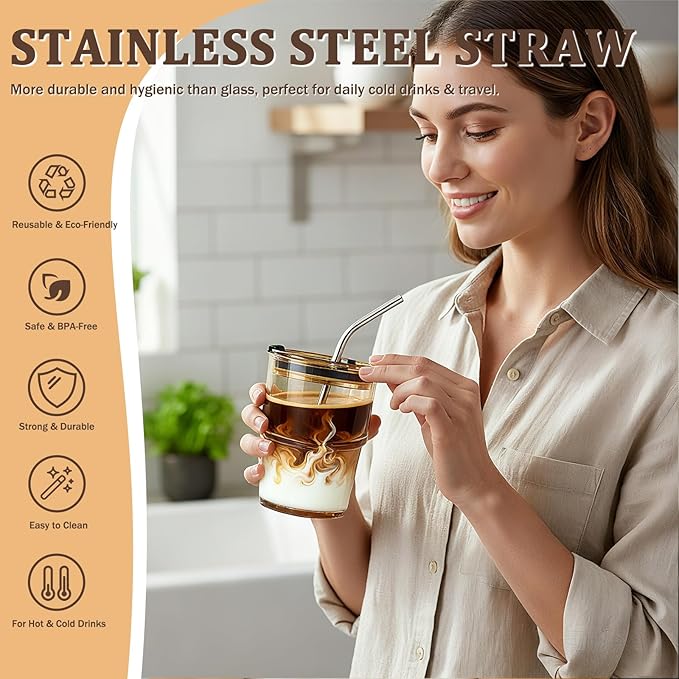 2 Packs Glass Tumbler with Lid and Straw 13 oz Cute Ice Coffee Cup Set Bulk Smoothie Juice Matcha Tea Cappuccino Water Simple Clear Hot Drink Glasses Travel Mug Kitchen Modern Glassware