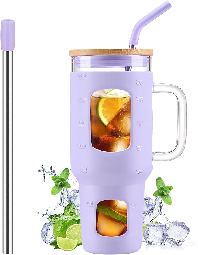 WINSA Glass Tumbler with Straw and Lid, 40 oz glass cup with handle, Glass Water Bottles with Time Marker, Silicone Protective Sleeve-Purple