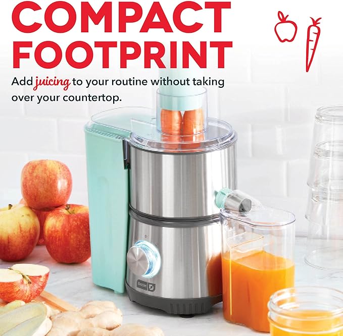 Dash Compact Centrifugal Juicer, Press Juicing Machine, 2-Speed, 2" Wide Feed Chute for Whole Fruit Vegetable, Anti-drip, Stainless Steel Sieve - Aqua