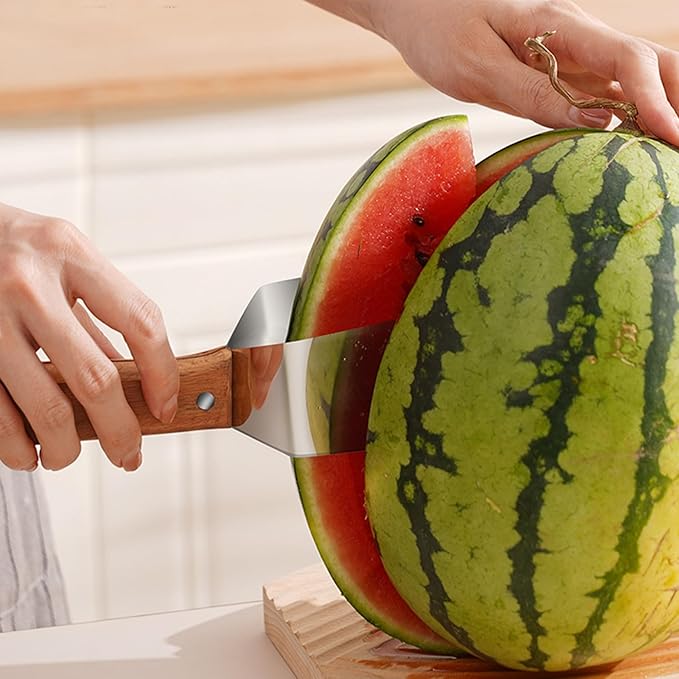 Watermelon Cutter Rectangular Stainless Steel Watermelon Slicer with Wood Handle and Blade Sleeve Polished Sharp Fruit Cutter for Apples, Hami MelonWatermelon