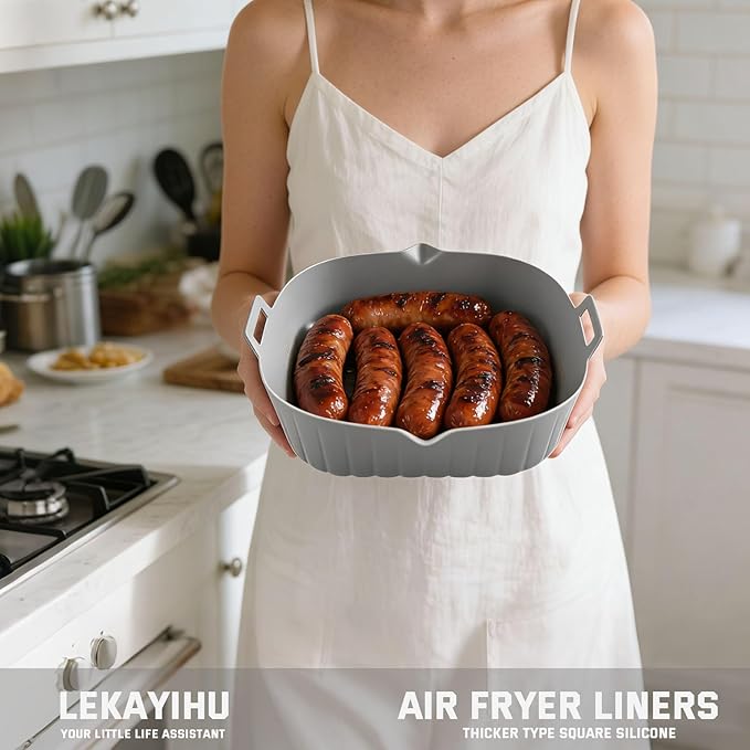 2 Pack Air Fryer Liners,8.2 Inch Silicone Airfryer Liners,Air Fryer Accessories,Reusable Baking Tray Oven Accessories,Replacement of Flammable Parchment Paper,Thickened(RED&GREY)