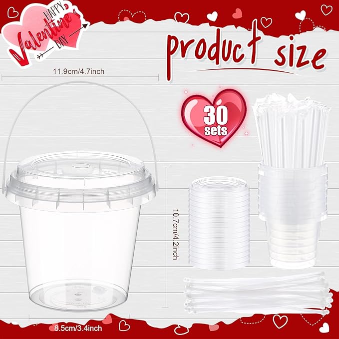 Funnymoom 30 Set Valentine's Day Clear Plastic Cups with Lids & Straws 24oz Disposable Rum Drink Buckets Bulk for Cocktail Parties with Handles & Stickers for Wedding Valentines Theme Party Supplies
