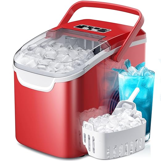 Crzoe Ice Makers Countertop with Handle, 2 Sizes of Ice, 8 Bullet Ice Cubes in 6 Mins, 26Lbs/24H, Portable Ice Maker with Self-Cleaning, Ice Machine for Home&Kitchen&Office&Party (Red)