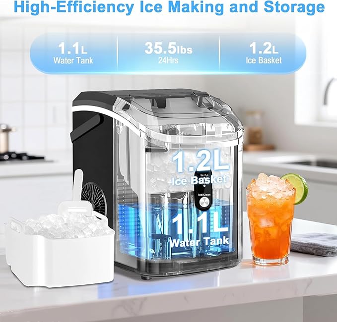 Nugget Ice Maker Countertop with Handle, Chewable Pellet Ice Maker with Self-Cleaning, 35.5Lbs/24Hrs, Ready in 6 Mins, Portable Sonic Ice Maker with Basket & Scoop for Home, Party, Camping, Black