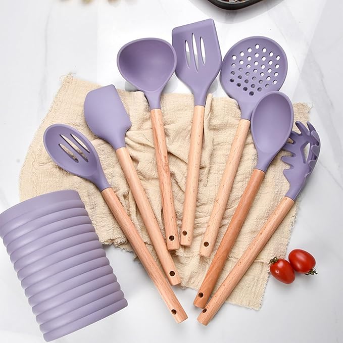 Silicone Kitchen Utensil Set,8 Pieces Cooking Kitchen Utensils Set with Wooden Handle,Non Stick Silicone Gadgets Utensil Set with Holder,Heat Resistant Cooking Tools Set for Cooking (Purple)