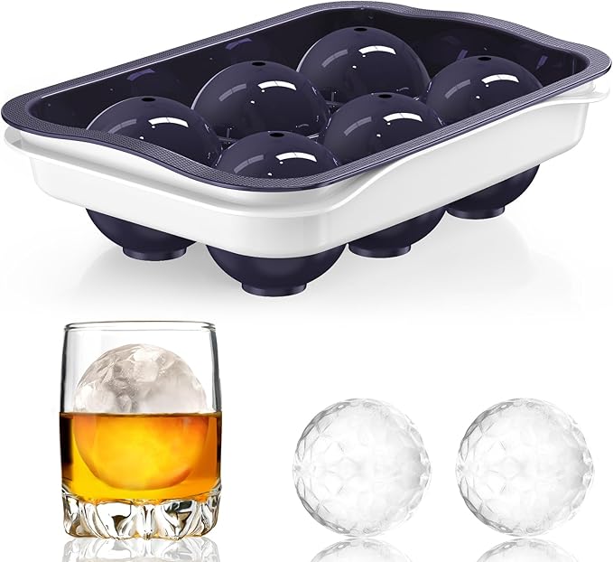 Round Ice Cube Mold with Lid - 2.2 Inch Sphere Ice Ball Maker, Large Whiskey Ice Cubes Mold with Easy Release, Reusable Silicone & Plastic Tray for Bourbon, Scotch, Brandy, Cocktails, Gift