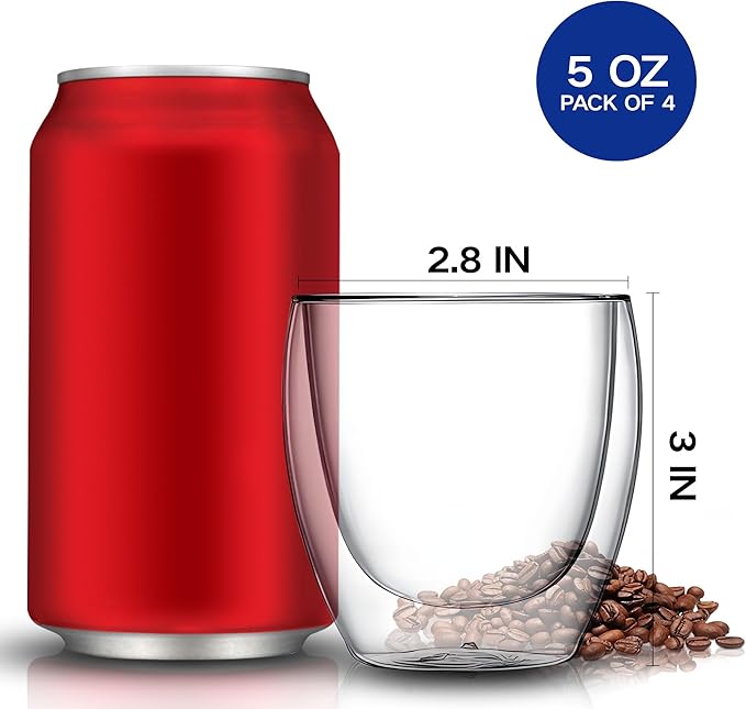 YMMIND Set of 4 Double Walled Glass Coffee Mugs 5 Ounces Insulated Layer Coffee Cups Borosilicate Glass Espresso Cup for Hot Beverage,Cappuccino,Tea,Latte,Wine,Microwave Safe