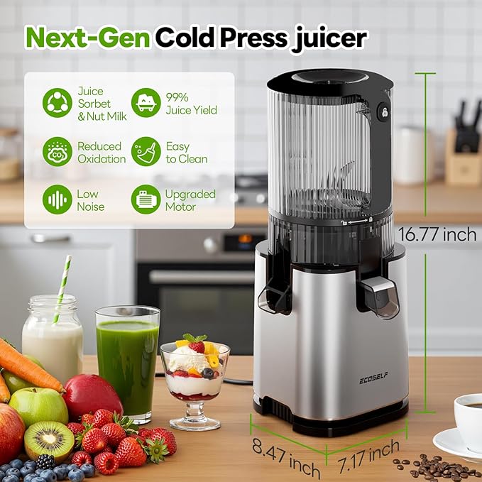 ECOSELF Juicer Machines with 3 Filters (For Juice/Sorbet/Nut Milk), With 6.0" Wide Mouth Hopper for Vegetables & Fruits, Slow Masticating Juicer Self Feeding, Juicer for Family Party, With Brush