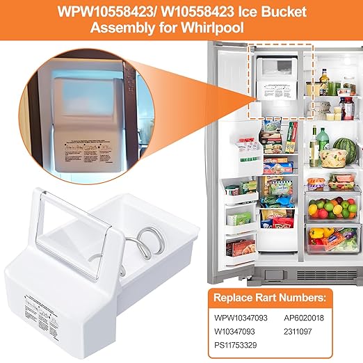 Upgraded WPW10558423 Refrigerator Ice Bucket For Whirlpool Ice Maker Replacement Parts W10558423 Whirlpool Ice Bin Replacement WRS325FDAM04 WRS325FDAM02 WRS325SDHZ WRS315SDHZ Ice Makers Tray Container