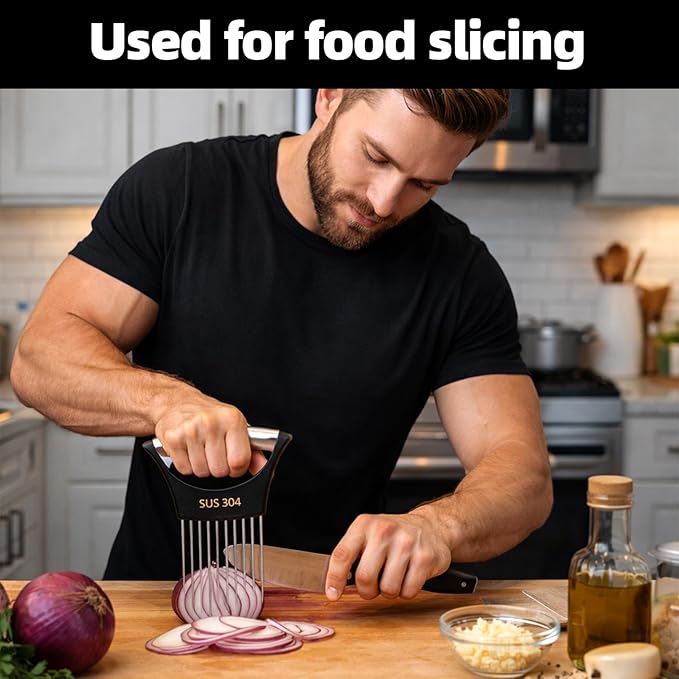 Onion Slicer Holder, Stainless Steel Vegetable Potato Tomato Chopper Cutter with Protective Case Practical Kitchen Must Haves Tool Utensils Gadgets Clearance for Slicing Vegetables Marinating Meat
