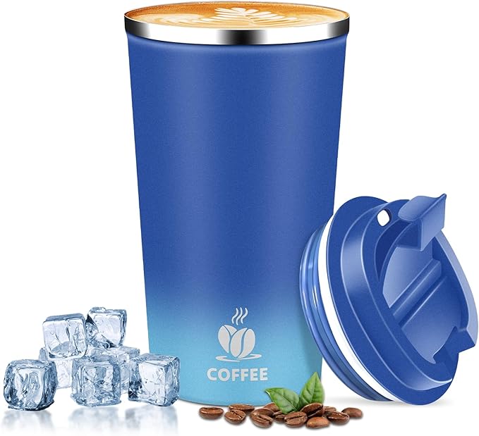 Insulated Travel Coffee Mug Reusable Coffee Tumbler Cup with Flip Lid Leak Proof Spill Proof for Office School Party Camping Hot and Cold Drink,Stainless Steel 17oz (Blue)