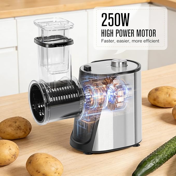 Electric Vegetables Slicer Cheese Shredder, 5-in-1 250W Professional Automatic Salad Fruits Maker Shooter Chopper Machine Kitchen Cutter Grater Food Processor with 5 Different Blades