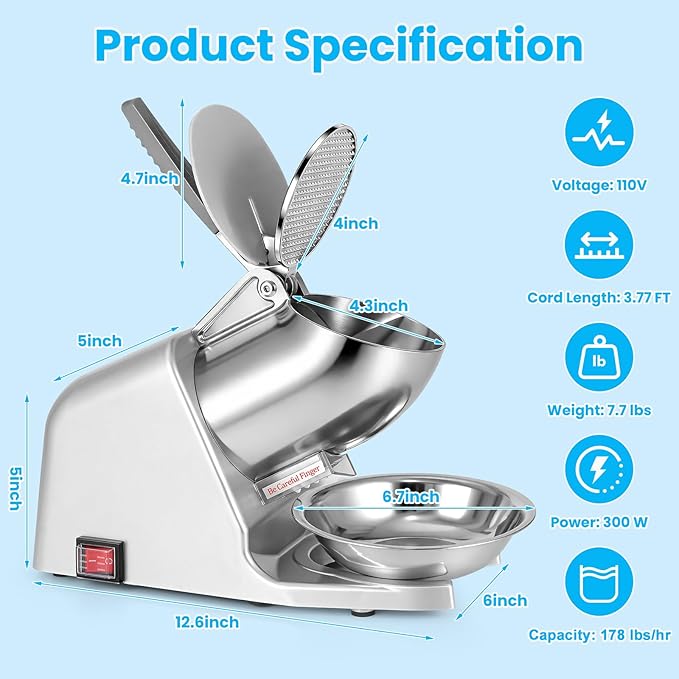 300W Dual Blade Ice Crusher, 178 lbs/hr Ice Shaver, Shaved Ice Machine with Stainless Steel Blades and Ice Pick for Home and Commercial Use, ETL-Listed, Silver