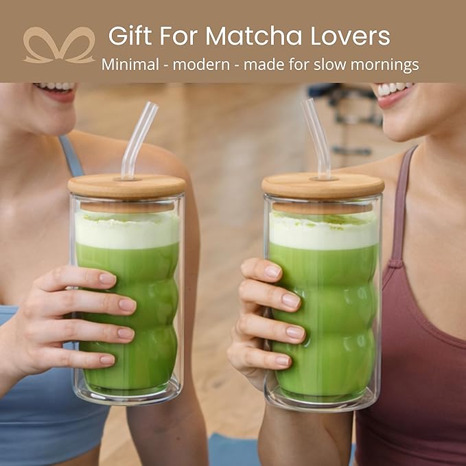 HAPPY PATH & CO. 2 Double Wall Glass Cups with Lids and Straws 16oz (480ml) - Glasses Drinking Set | Glass Tumbler with Bamboo Lid | Ribbed Bubble Glass Cups for Matcha, Coffee and Other Smoothies