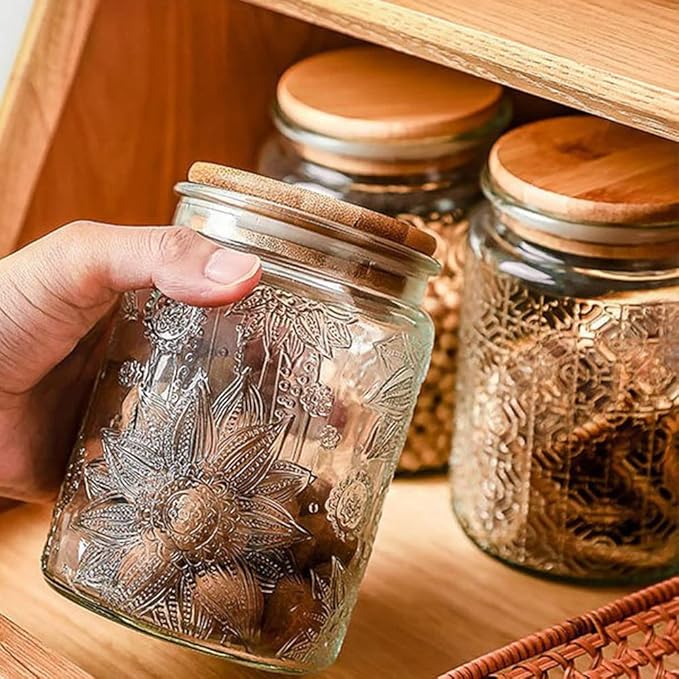 ANSQU Vintage Glass Jars Set Canister Airtight Storage Jar Container with Bamboo Wooden Lids for Kitchen Counter, Pantry, Coffee, Tea, Sugar, Cute Jar, 2 Pack 23.7 FL OZ (Begonia & Sunflower)