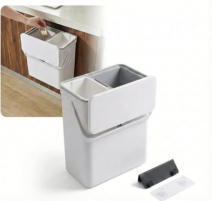 3.2 Galoon Kitchen Compost Bin with lid | Odorless Hanging Trash Can with Sliding Lid for Dry & Wet Waste – 12 L Wall-Mounted Garbage Can for Kitchen Cabinet. Under Sink Trash can for Office.