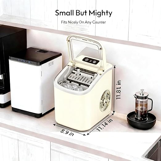 Small Portable Countertop Ice Maker, 26lbs/24H Ice Machine with Self-Cleaning, 6-8 Mins Fast Ice Making,Quiet Operation, Compact Ice Maker with Handle for Home Kitchen Camping RV (Beige, 26lbs)