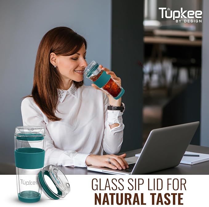 Tupkee Glass Sip Lid Cyan - Replacement for Double Wall Tumbler, 14oz & 8oz Hand Blown Travel Mug