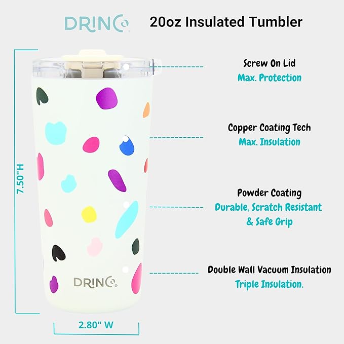 Drinco - 20 oz Stainless Steel Tumbler | Double Walled Vacuum Insulated Mug With Lid, 2 Straws, For Hot & Cold Drinks (20oz Blots)