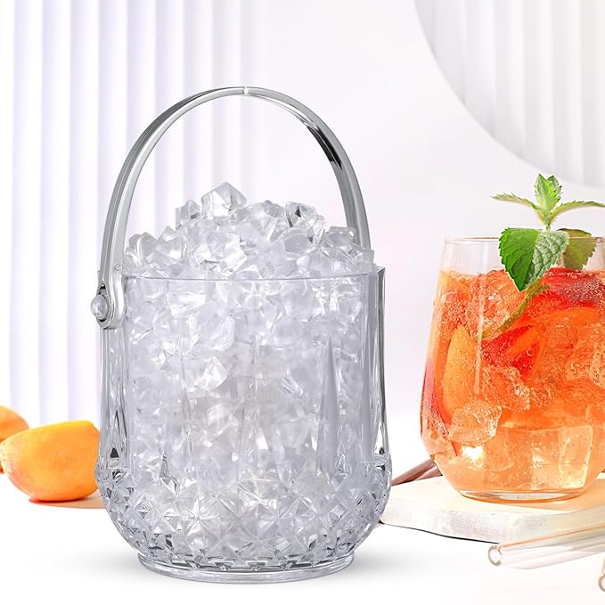 Operitacx Small Plastic Ice Bucket with Tongs and Handle Clear Portable Ice Cube Bucket 5.11 Height for Wine Beer Beverage Cooler and Party Use