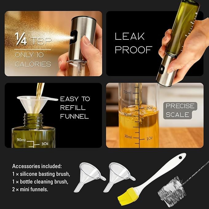 BOKKY Oil Sprayer for Cooking, 2 Pack 100ml Olive Oil Mister for Air Fryer, BBQ & Salad, Refillable 304 Stainless Steel Glass Bottles (Transparent Green / 2 Pack)